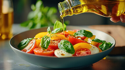 Fresh tomato and mozzarella salad with basil, drizzled with olive oil and balsamic vinegar, soft natural light in food photography
