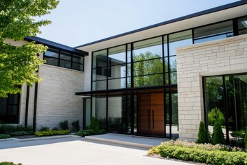 Modern architectural design featuring a spacious entrance with large glass panels and stone accents set in a beautifully landscaped area during daylight hours