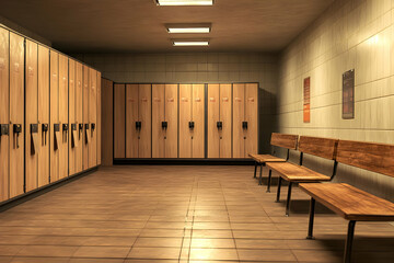 Empty gym locker room with benches, posters