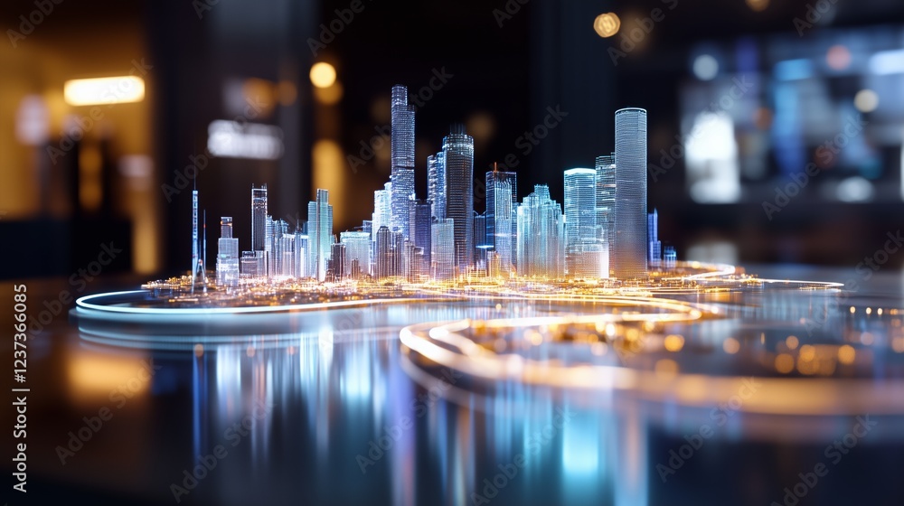 Poster holographic cityscape rendering advanced urban infrastructure, glowing architectural elements connec