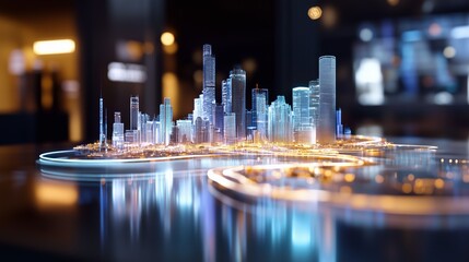 Holographic cityscape rendering advanced urban infrastructure, glowing architectural elements connecting digital networks with futuristic technological design elements