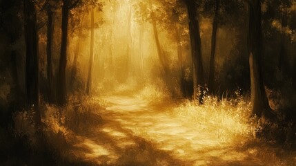 Obraz premium A peaceful forest clearing illuminated by golden hour light,