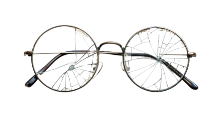 Broken round eyeglasses on transparent background, showing damage and destruction