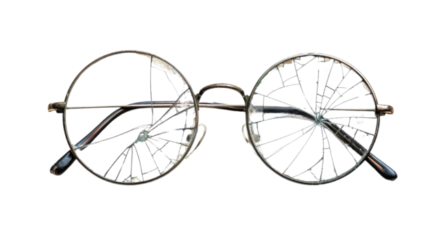 Broken round eyeglasses on transparent background, showing damage and destruction