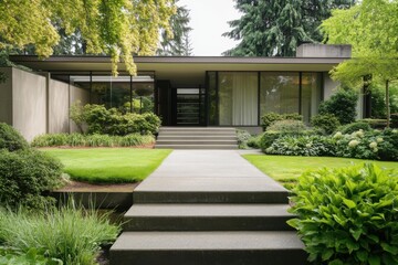 Fototapeta premium Modern architecture harmonizes with lush greenery in a serene residential garden pathway during the day, showcasing elegant landscaping and a welcoming entrance