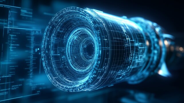Futuristic rocket engine rotating and displaying digital blueprints and schematics on a dark background, showcasing advanced technology and innovation - Powered by Adobe