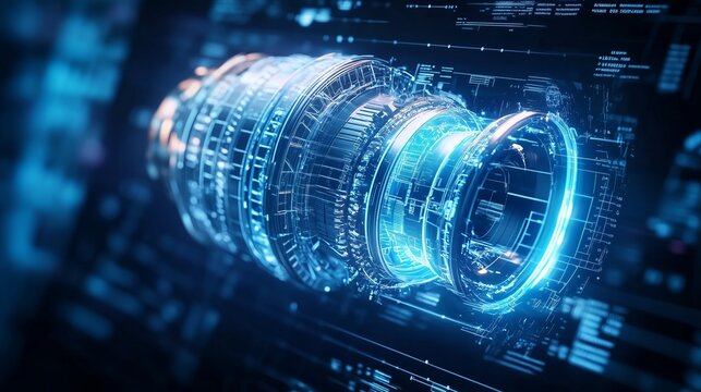 Rotating holographic blueprint displaying complex rocket engine design with detailed technological schematics on digital screen background
