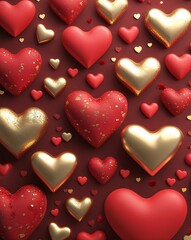 Fototapeta premium Red and gold soft heart shapes abstract romantic Valentines concept background