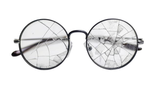 Broken glasses with cracked lenses on transparent background