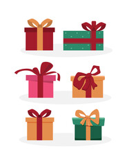 Vector set of different colorful Christmas gift boxes isolated on white background. Modern mid century clip art of present boxes in red, green, pink and gold colors.