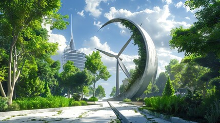 Aerial architecture, spheres in the grass, city of the future, idea for inspiration. AI generated illustration