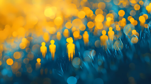 With a blurred background, a group of yellow figures becomes prominent against a lyrical blue and yellow bokeh. Lyrical Abstract. Illustration