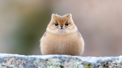 Fototapeta premium Fluffy rodent sits on rock, blurred background, wildlife photo, nature
