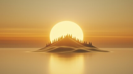 Obraz premium Surreal desert island with trees silhouetted against a giant setting sun