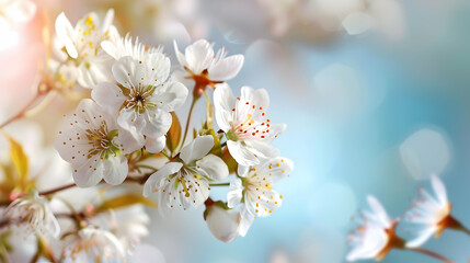 A close-up of delicate white flowers against a soft, blurred background.