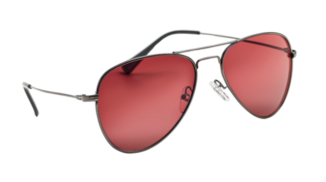 Stylish aviator sunglasses with red lenses on transparent background