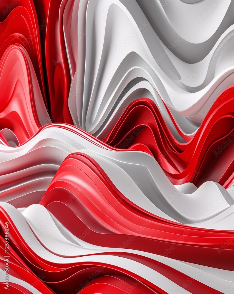 Poster Red and white smooth waveforms abstract tech concept background