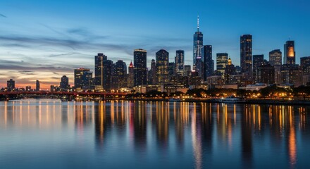 Fototapeta premium Stunning Twilight Panorama of the New York City Skyline Reflected in the Calm Waters