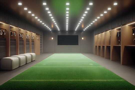 Modern team locker room with field, screen, and benches