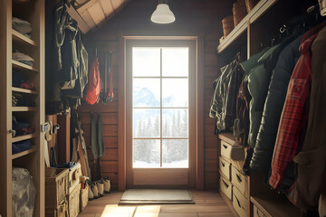 Mountain view cozy cabin closet storage winter clothes
