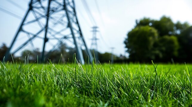 Green Grass Field with Transmission Towers in Background
