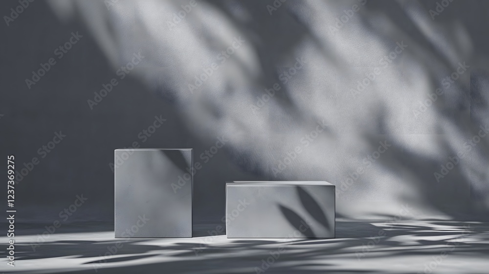 Poster two grey display blocks with leaf shadows