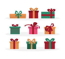 Gift boxes icons set. Collection of colorful gift boxes with ribbon bow on white background. Holiday presents. Vector illustration.