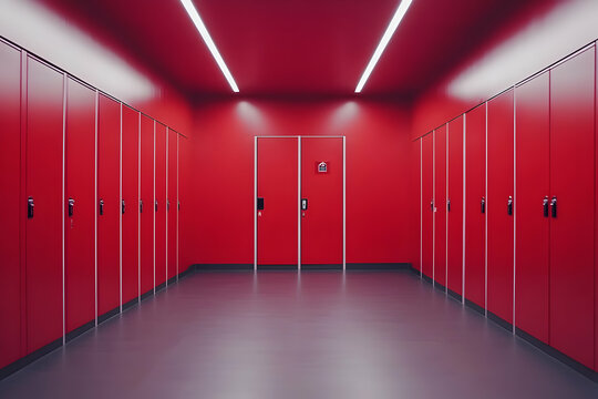 Red lockers corridor, interior, modern building, minimal design, storage