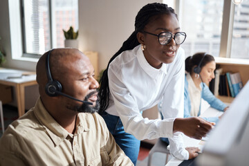 Teaching, computer or people in customer service training with leader for learning telemarketing or...