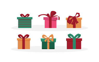 Gift boxes icons set. Collection of colorful gift boxes with ribbon bow on white background. Holiday presents. Vector illustration.