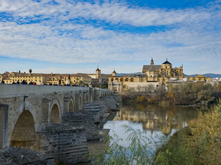 Cordoba Roman bridge over the river, Mosque Cathedral in the background in Spain 