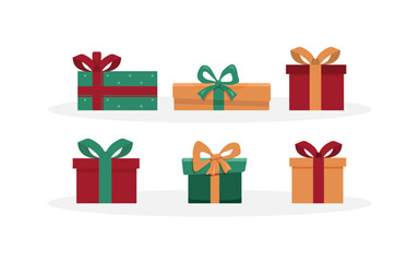 Vector set of different colorful Christmas gift boxes isolated on white background. Modern mid century clip art of present boxes in red, green, pink and gold colors.