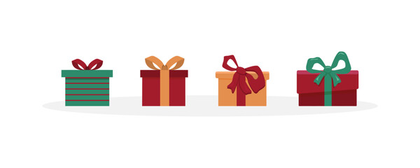 Vector set of different colorful Christmas gift boxes isolated on white background. Modern mid century clip art of present boxes in red, green, pink and gold colors.