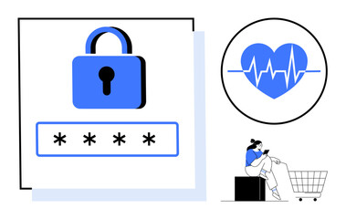 Padlock with password entry, heartbeat symbol, person using smartphone in shopping cart. Ideal for cybersecurity, healthcare, data protection, e-commerce, digital identity, online security