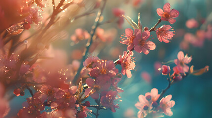 A close-up of delicate pink cherry blossoms on branches, illuminated by soft light.