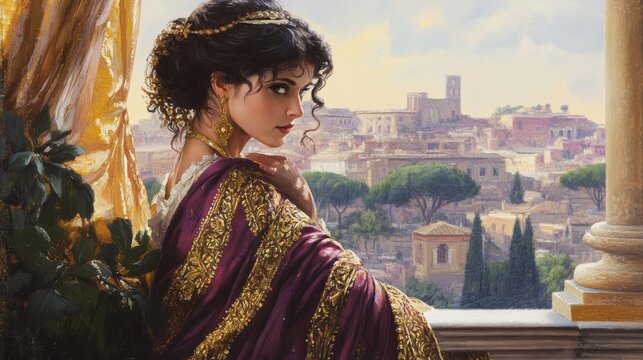 A Roman lady in a luxurious silk palla with intricate gold
