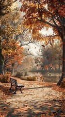 Vibrant City Park During Autumn with Leaves Falling. AI generated illustration