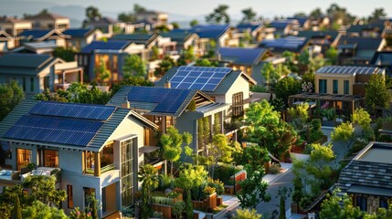 Solar Panel Rooftop community thousands of Solar Panels across the horizon in vast Suburb fighting climate change. AI generated illustration