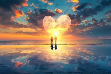 Couple walking hand in hand on a beach at sunset with a heart-shaped reflection in the water