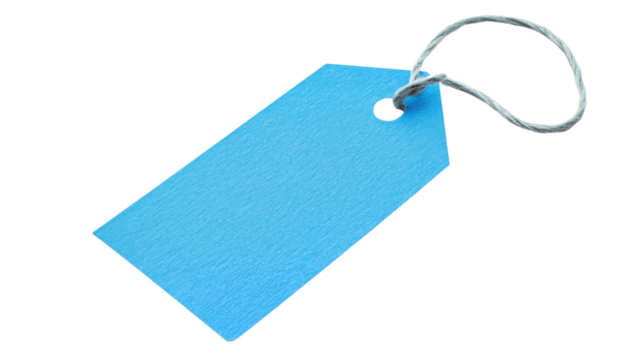 Blank blue price tag with string on transparent background