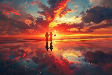 Couple walking hand in hand on a beach at sunset with a heart-shaped reflection in the water
