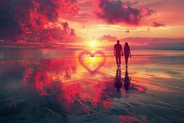 Couple walking hand in hand on a beach at sunset with a heart-shaped reflection in the water