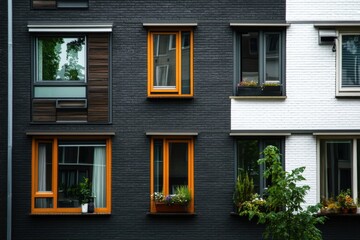 Modern apartment facade showcasing vibrant orange window frames amidst contrasting black and white exterior in a bustling urban neighborhood