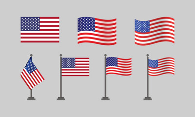 Set of standing USA flags, ribbons, signs with the USA flag. Vector illustration isolated on white background. Ready to use for your design, presentation, promo, ad. America Flag