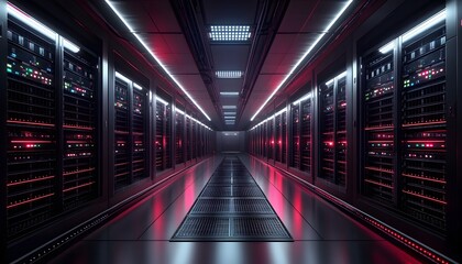 Fototapeta premium Illuminated Server Room Corridor Data Center Technology
