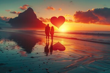 Couple walking hand in hand on a beach at sunset with a heart-shaped reflection in the water