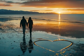 Couple walking hand in hand on a beach at sunset with a heart-shaped reflection in the water