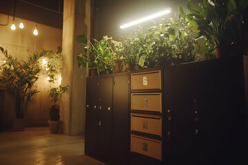 Urban jungle plants illuminate night office lockers