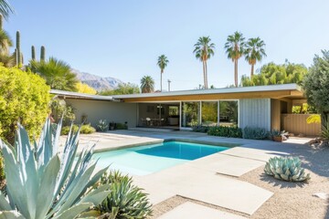 Fototapeta premium Mid-century modern home with sparkling pool and lush landscaping under clear blue skies in a desert oasis during daytime