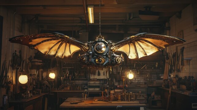 A steampunk flying suit with brass-plated wings